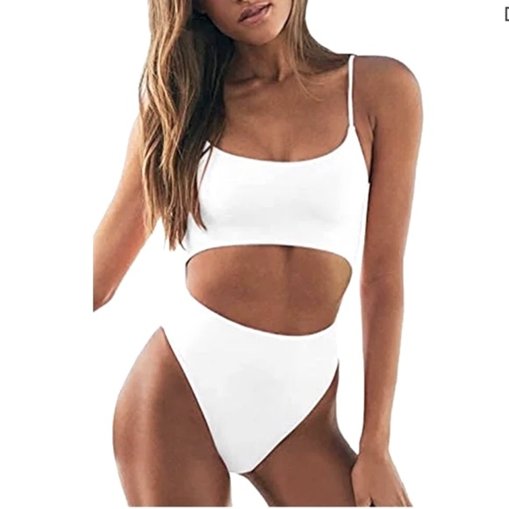White sexy high cut & waist one piece cut out middle swimwear bride small NWT